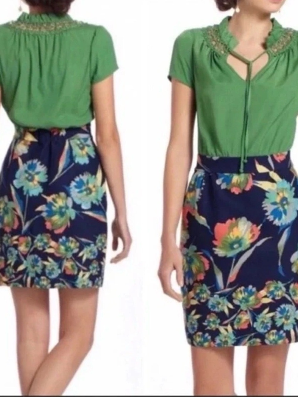 Anthropologie Tabitha Elland Lace Embroidered Dress Green and Navy Floral Size 0